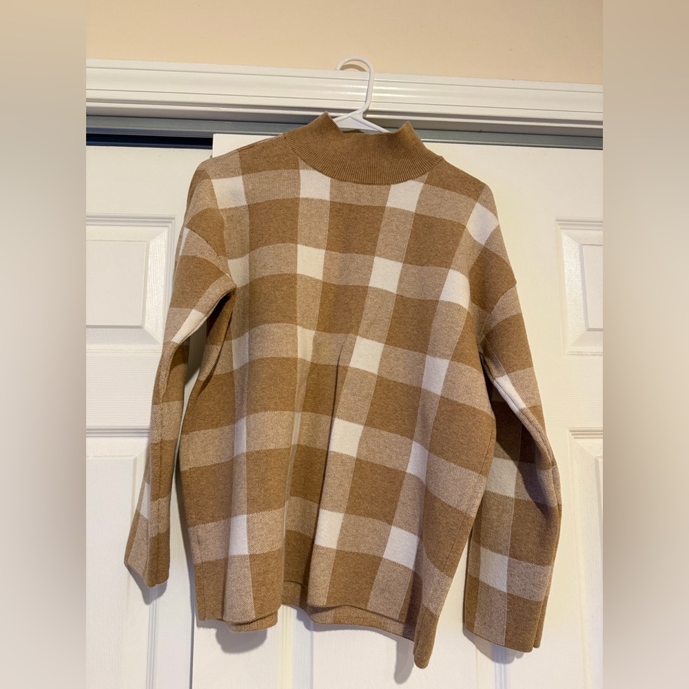 LOFT Tan and Cream Plaid Sweater